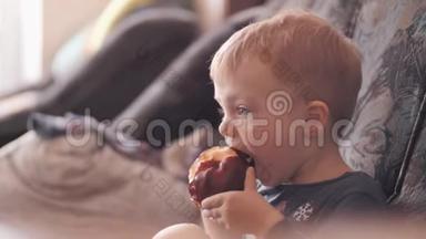 幼儿正在吃苹果.. 适当的营养是健康的原则。 健康饮食